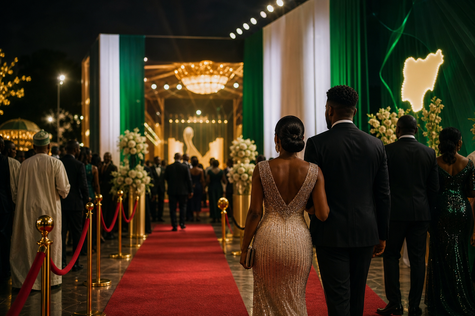 Elegant guests arriving at a Nigerian awards gala